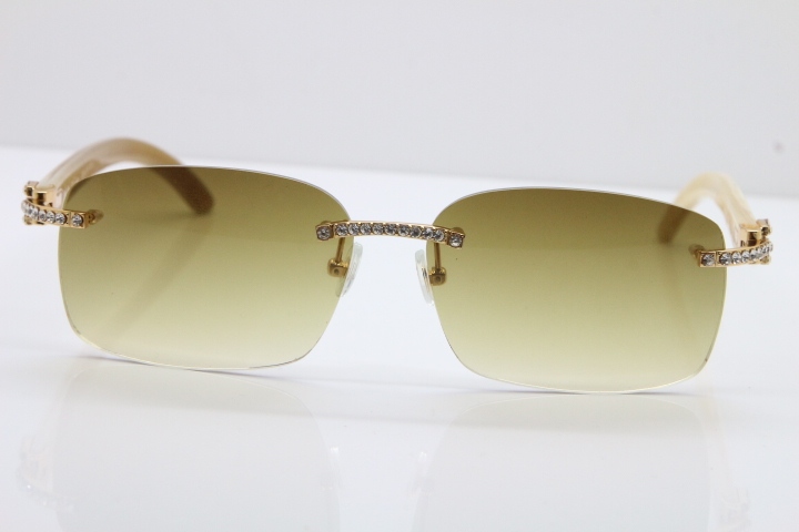 2018 New Cartier Rimless Smaller Big Stones 8200759A Original White Genuine Buffalo Horn Sunglasses in Gold Brown Lens