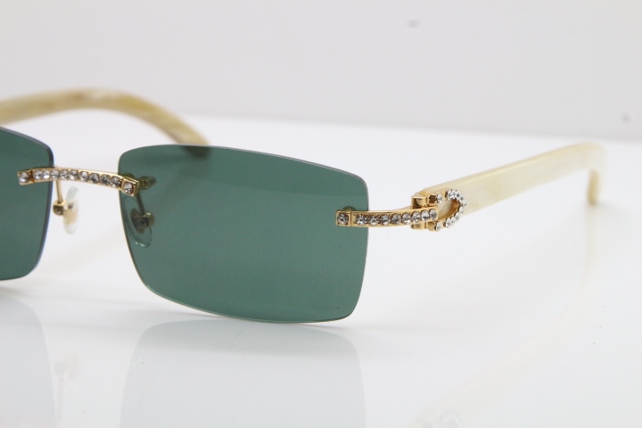 2018 New Cartier Rimless Smaller Big Stones 3524012A Original White Buffalo Horn Sunglasses in Gold Brown Lens