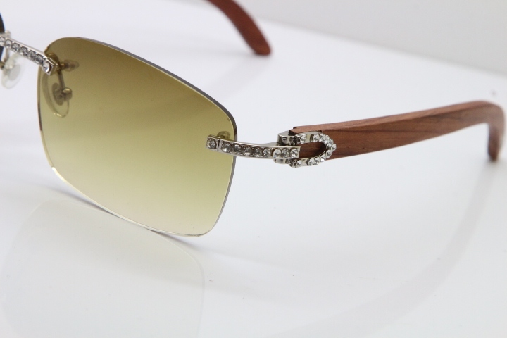 2018 New Cartier Rimless Smaller Big Stones 8200759A Original Wood Sunglasses in Gold Dark Lens