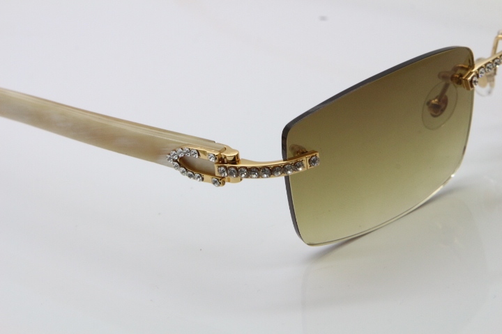 2018 New Cartier Rimless Smaller Big Stones 3524012A Original White Buffalo Horn Sunglasses in Gold Brown Lens