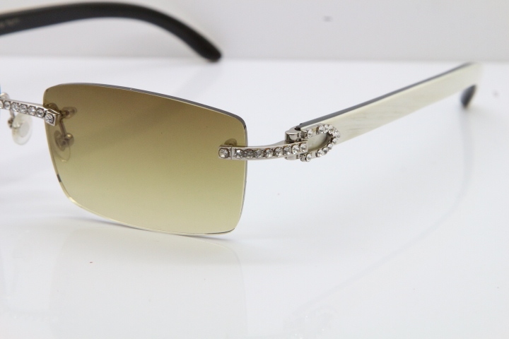 2018 New Cartier Rimless Smaller Big Stones 3524012A Original Black White Buffalo Horn Sunglasses in Gold Brown Lens （Limited edition）