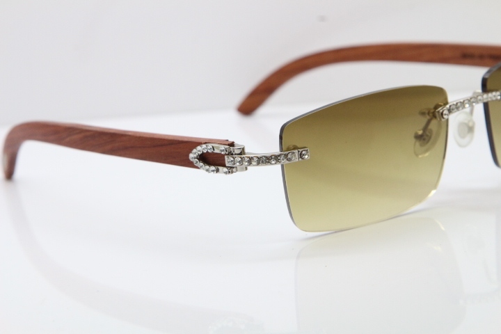 2018 New Cartier Rimless Smaller Big Stones 3524012A Original Carved Wood Trimming Lens Sunglasses in Gold Brown Lens