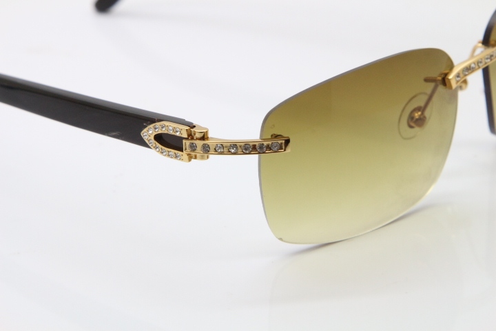 Cartier Rimless Smaller Big Stones T8200497 Black Buffalo Horn Sunglasses in Gold Brown Lens