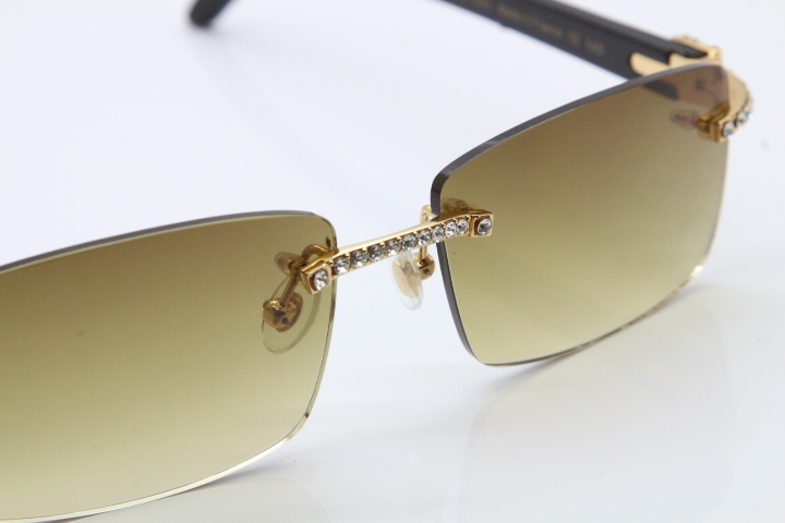 2018 New Cartier Rimless Smaller Big Stones 3524012A Original Black Buffalo Horn Sunglasses in Gold Brown Lens