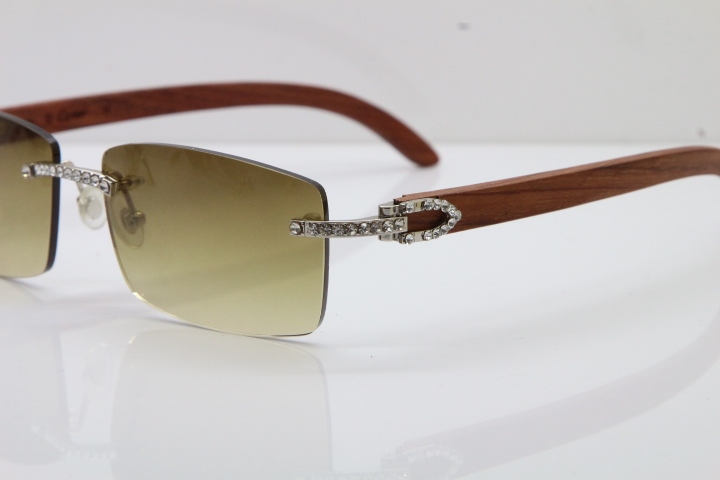 2018 New Cartier Rimless Smaller Big Stones 3524012A Original Carved Wood Trimming Lens Sunglasses in Gold Brown Lens