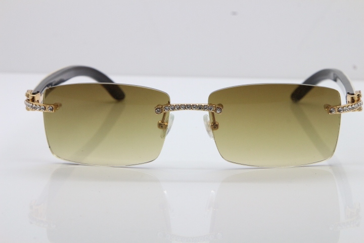 2018 New Cartier Rimless Smaller Big Stones 3524012A Original Black White Buffalo Horn Sunglasses in Gold Brown Lens （Limited edition）