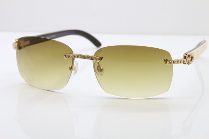 Cartier Rimless Smaller Big Stones T8200497 Black Mix WHite Buffalo Horn Sunglasses in Gold Brown Lens