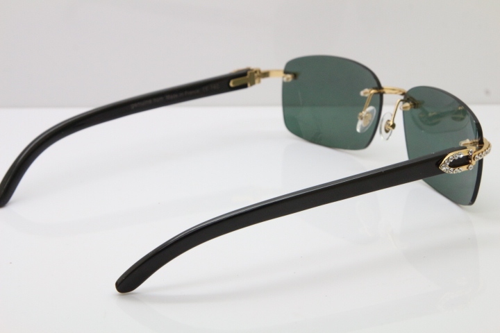 2018 New Cartier Rimless Smaller Big Stones Original Black Buffalo Horn Sunglasses in 8200759A Gold Brown Lens 8200760 Silver Brown Lens