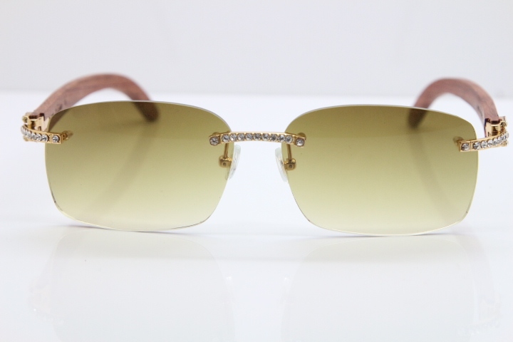 2018 New Cartier Rimless Smaller Big Stones 8200759A Original Wood Sunglasses in Gold Dark Lens