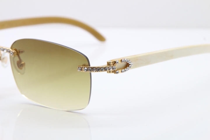 2018 New Cartier Rimless Smaller Big Stones 8200759A Original White Genuine Buffalo Horn Sunglasses in Gold Brown Lens