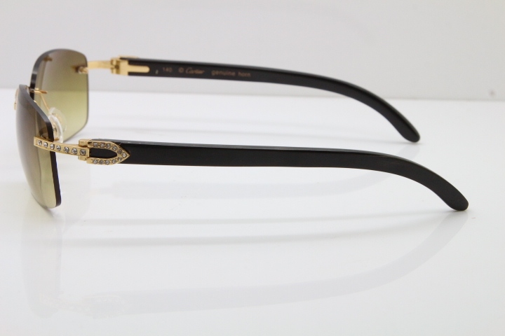 Cartier Rimless Smaller Big Stones T8200497 Black Buffalo Horn Sunglasses in Gold Brown Lens