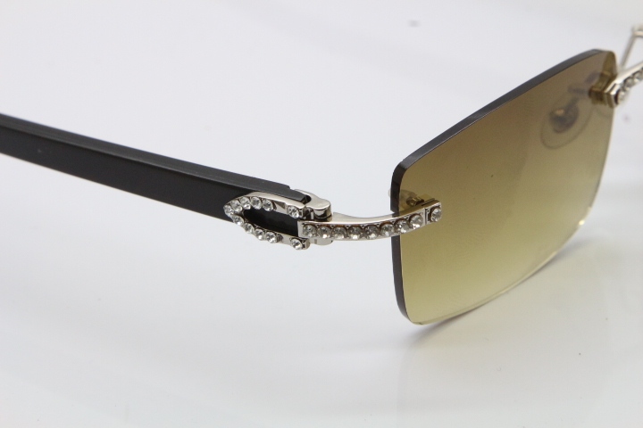 2018 New Cartier Rimless Smaller Big Stones 3524012A Original Black Buffalo Horn Sunglasses in Gold Brown Lens