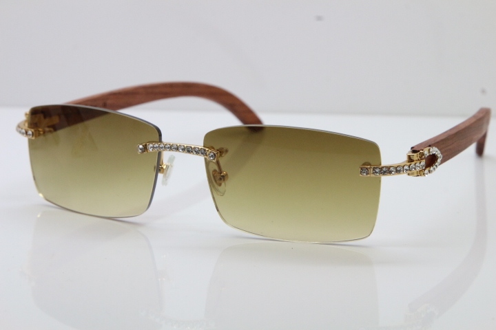 2018 New Cartier Rimless Smaller Big Stones 3524012A Original Carved Wood Trimming Lens Sunglasses in Gold Brown Lens