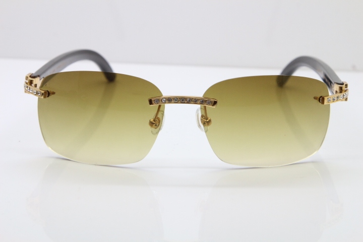 Cartier Rimless Smaller Big Stones T8200497 Black Buffalo Horn Sunglasses in Gold Brown Lens