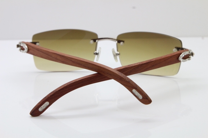 2018 New Cartier Rimless Smaller Big Stones 3524012A Original Carved Wood Trimming Lens Sunglasses in Gold Brown Lens