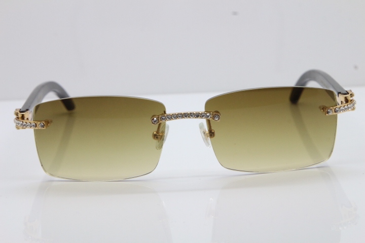 2018 New Cartier Rimless Smaller Big Stones 3524012A Original Black Buffalo Horn Sunglasses in Gold Brown Lens