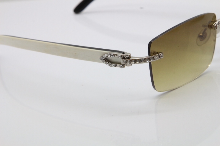 2018 New Cartier Rimless Smaller Big Stones 3524012A Original Black White Buffalo Horn Sunglasses in Gold Brown Lens （Limited edition）