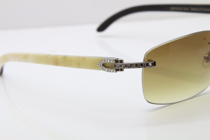 Cartier Rimless Smaller Big Stones T8200497 Black Mix WHite Buffalo Horn Sunglasses in Gold Brown Lens