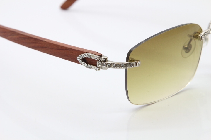 2018 New Cartier Rimless Smaller Big Stones 8200759A Original Wood Sunglasses in Gold Dark Lens