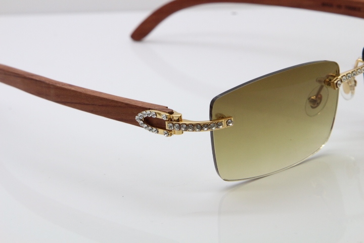 2018 New Cartier Rimless Smaller Big Stones 3524012A Original Carved Wood Trimming Lens Sunglasses in Gold Brown Lens