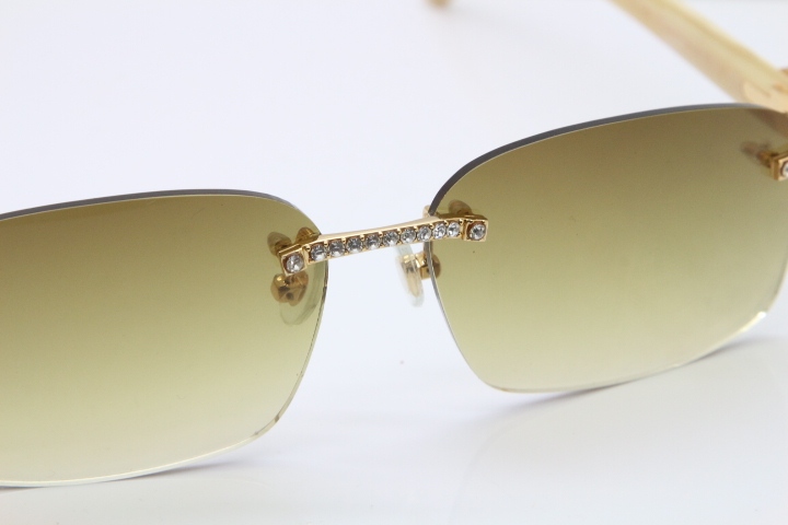 2018 New Cartier Rimless Smaller Big Stones 8200759A Original White Genuine Buffalo Horn Sunglasses in Gold Brown Lens