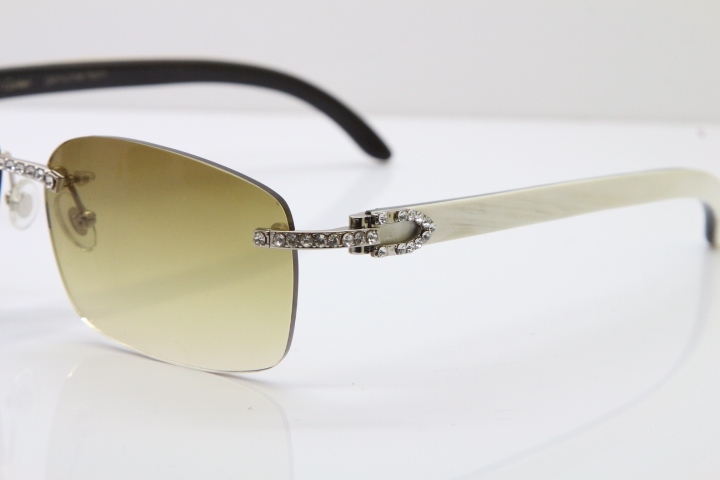 2018 New Cartier Rimless Smaller Big Stones 8200759A Original Black Mix White Buffalo Horn Sunglasses in Gold Brown Lens