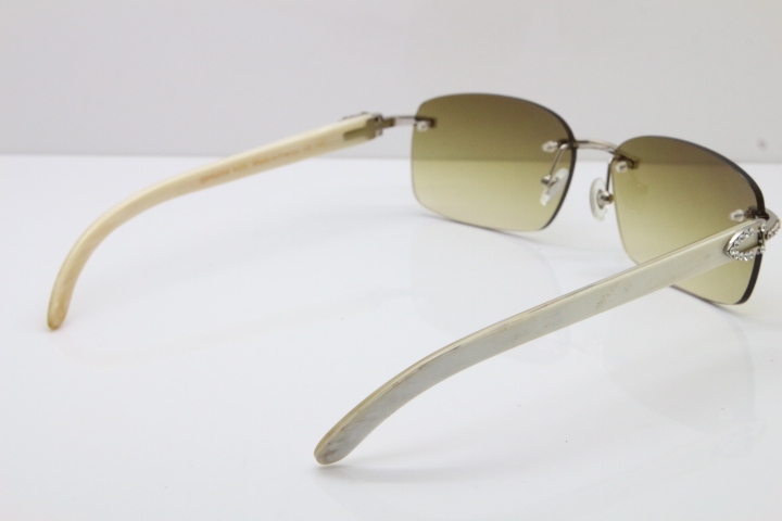 2018 New Cartier Rimless Smaller Big Stones 8200759A Original White Genuine Buffalo Horn Sunglasses in Gold Brown Lens