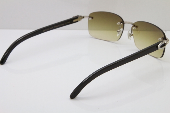 2018 New Cartier Rimless Smaller Big Stones Original Black Buffalo Horn Sunglasses in 8200759A Gold Brown Lens 8200760 Silver Brown Lens