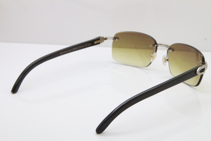 Cartier Rimless Smaller Big Stones T8200497 Black Buffalo Horn Sunglasses in Gold Brown Lens