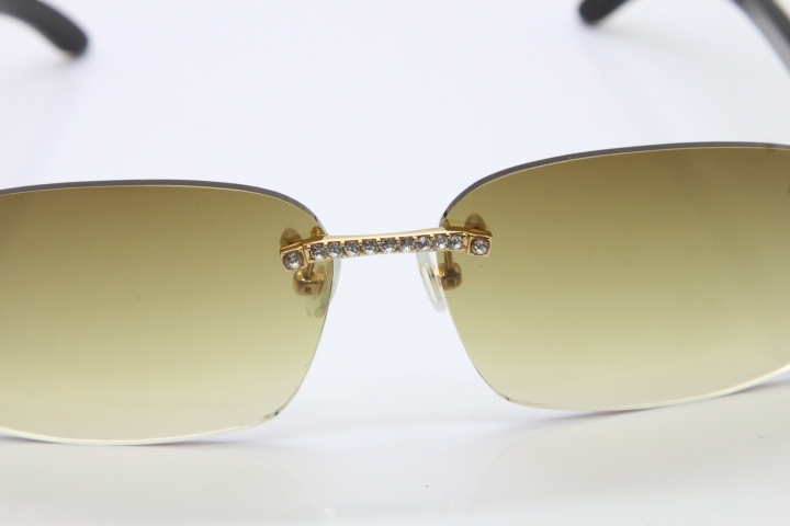 2018 New Cartier Rimless Smaller Big Stones Original Black Buffalo Horn Sunglasses in 8200759A Gold Brown Lens 8200760 Silver Brown Lens