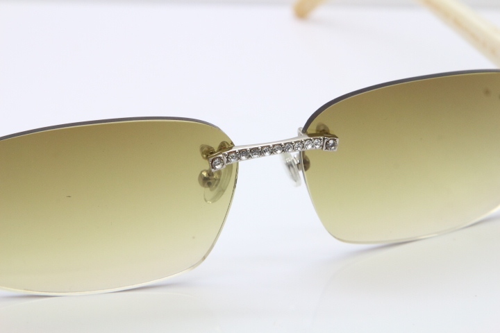 2018 New Cartier Rimless Smaller Big Stones 8200759A Original White Genuine Buffalo Horn Sunglasses in Gold Brown Lens