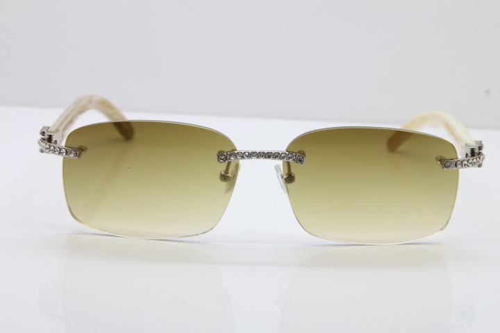 2018 New Cartier Rimless Smaller Big Stones 8200759A Original White Genuine Buffalo Horn Sunglasses in Gold Brown Lens