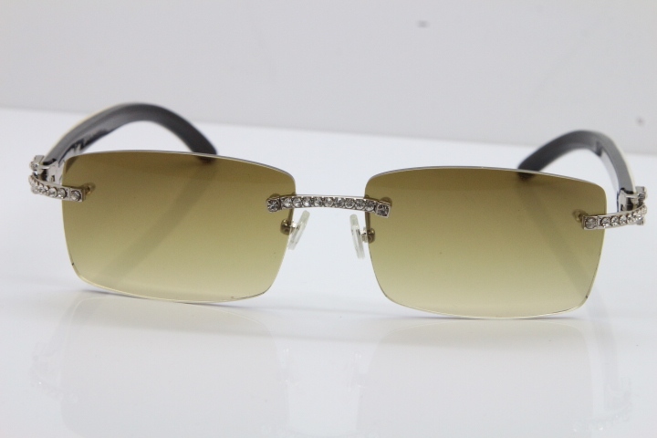 2018 New Cartier Rimless Smaller Big Stones 3524012A Original Black White Buffalo Horn Sunglasses in Gold Brown Lens （Limited edition）