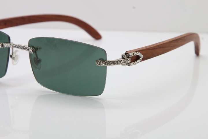 2018 New Cartier Rimless Smaller Big Stones 3524012A Original Carved Wood Trimming Lens Sunglasses in Gold Brown Lens