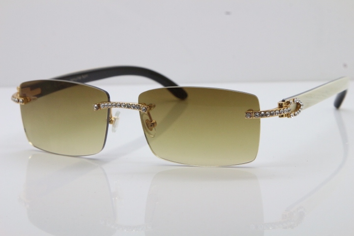 2018 New Cartier Rimless Smaller Big Stones 3524012A Original Black White Buffalo Horn Sunglasses in Gold Brown Lens （Limited edition）