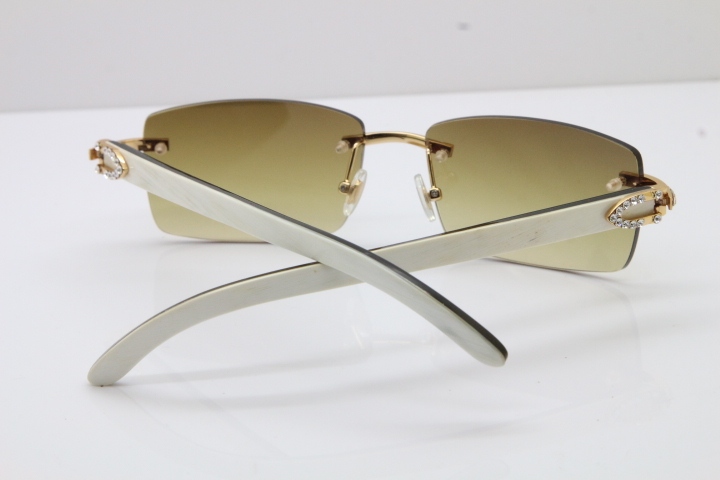 2018 New Cartier Rimless Smaller Big Stones 3524012A Original Black White Buffalo Horn Sunglasses in Gold Brown Lens （Limited edition）