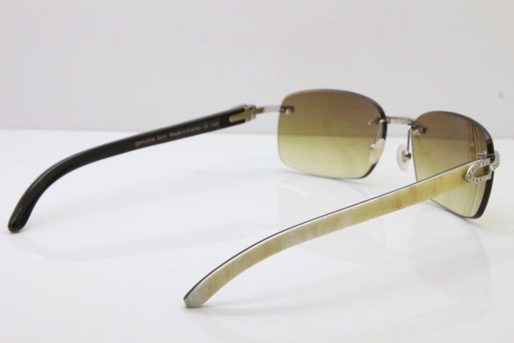 Cartier Rimless Smaller Big Stones T8200497 Black Mix WHite Buffalo Horn Sunglasses in Gold Brown Lens