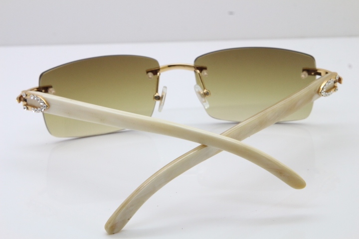 2018 New Cartier Rimless Smaller Big Stones 3524012A Original White Buffalo Horn Sunglasses in Gold Brown Lens