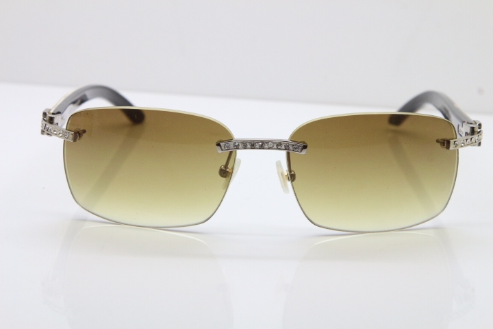 Cartier Rimless Smaller Big Stones T8200497 Black Mix WHite Buffalo Horn Sunglasses in Gold Brown Lens