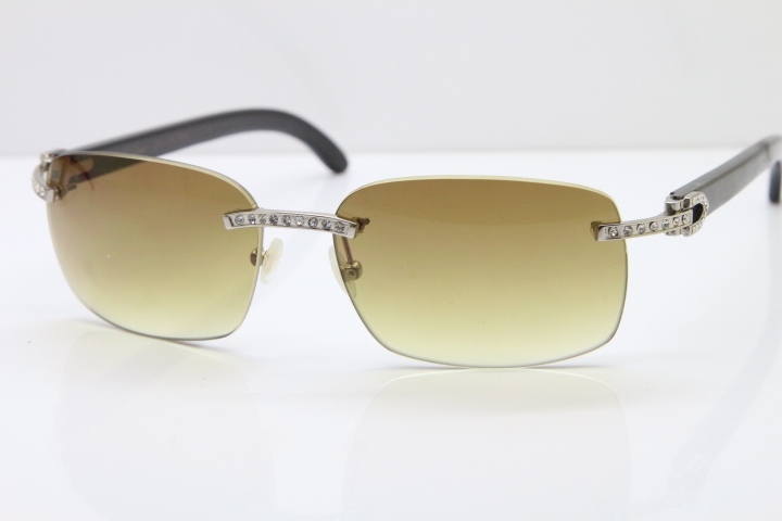 Cartier Rimless Smaller Big Stones T8200497 Black Buffalo Horn Sunglasses in Gold Brown Lens