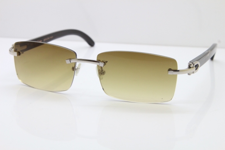 Cartier Rimless 8200757 Original Black Mix Gray Buffalo Horn Sunglasses in Gold Brown Lens