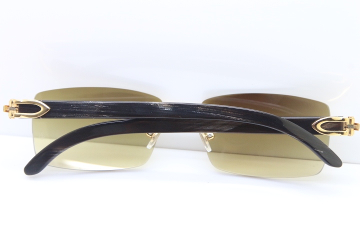 Cartier Rimless 8200757 Original Black Mix Gray Buffalo Horn Sunglasses in Gold Brown Lens