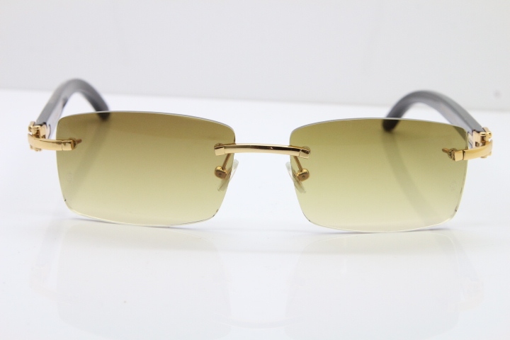 Cartier Rimless 8200757 Original Black Mix Gray Buffalo Horn Sunglasses in Gold Brown Lens