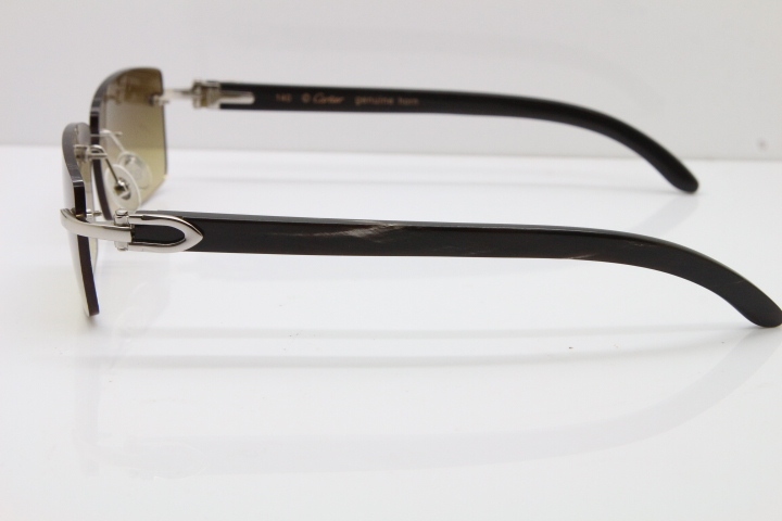 Cartier Rimless 8200757 Original Black Mix Gray Buffalo Horn Sunglasses in Gold Brown Lens