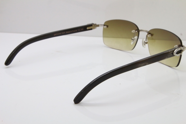 Cartier Rimless Diamond 8200760 Original Black Mix Gray Buffalo Horn Sunglasses in Silver Brown Lens