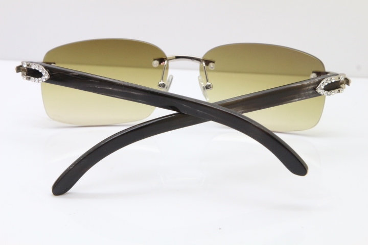 Cartier Rimless Diamond 8200760 Original Black Mix Gray Buffalo Horn Sunglasses in Silver Brown Lens