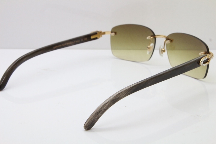 Cartier Rimless Diamond 8200760 Original Black Mix Gray Buffalo Horn Sunglasses in Silver Brown Lens