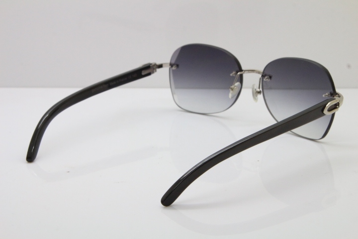 2018 New Cartier Rimless 3524012 Original Black Buffalo Horn Sunglasses in Gold Blue Lens