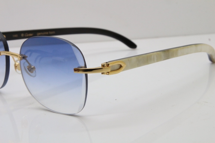 2018 New Cartier Rimless 3524012 Original Black Mix White Buffalo Horn Sunglasses in Gold Blue Lens