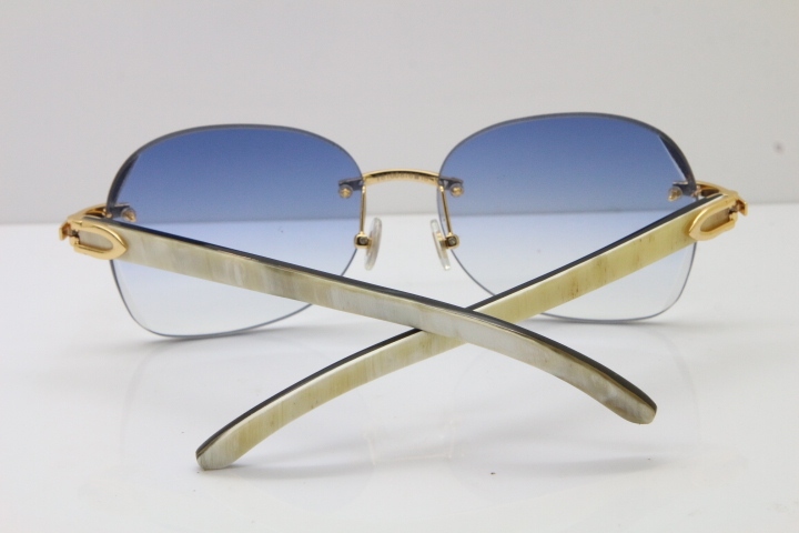 2018 New Cartier Rimless 3524012 Original Black Mix White Buffalo Horn Sunglasses in Gold Blue Lens